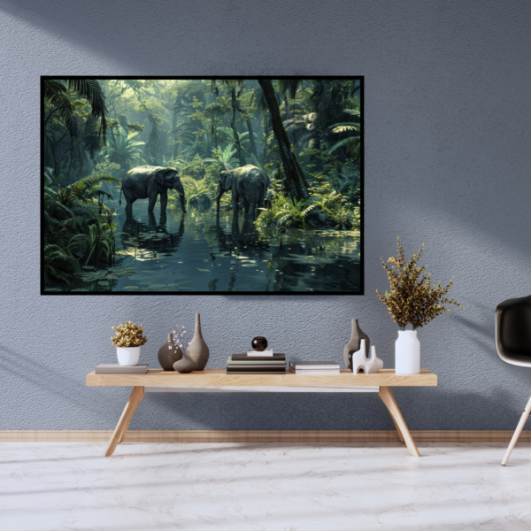 Jungle Oasis - Wild Elephants in Lush Tropical Stream Canvas Painting - Image 2
