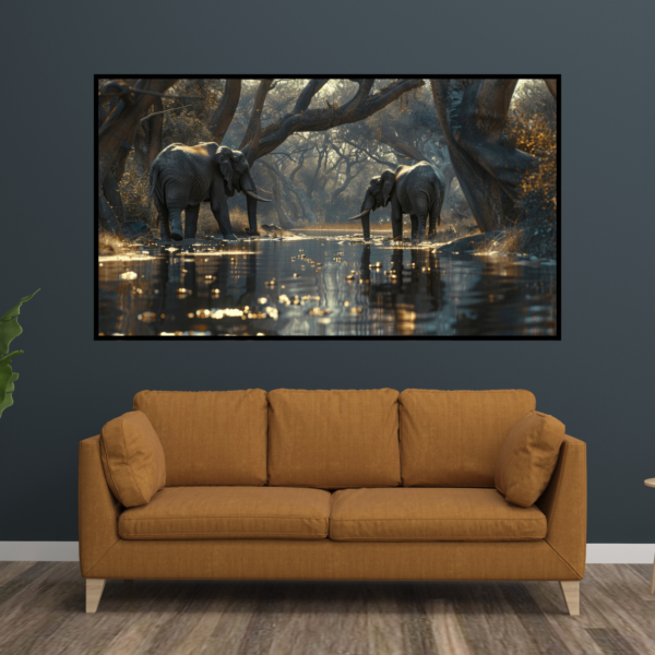 River Elephants at Sunset - African Wildlife Canvas Painting - Image 2