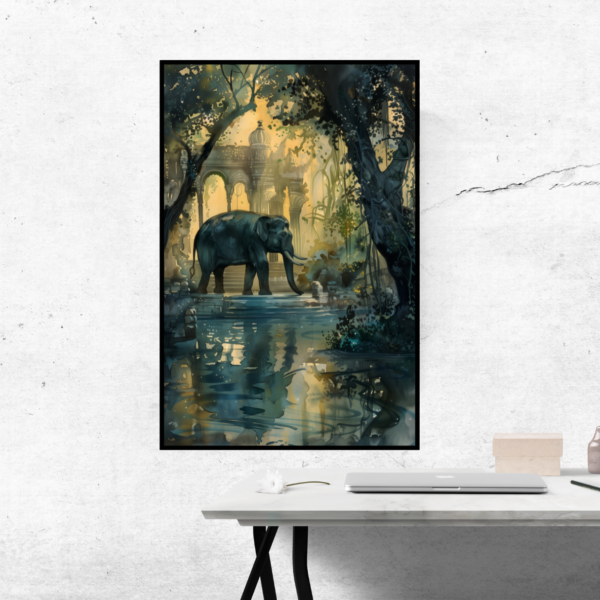 Jungle Sanctuary - Elephant by Ancient Ruins Vertical Canvas Painting - Image 2