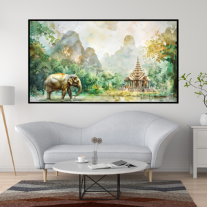 Serenity in Southeast Asia - Elephant and Temple Watercolor Canvas Painting