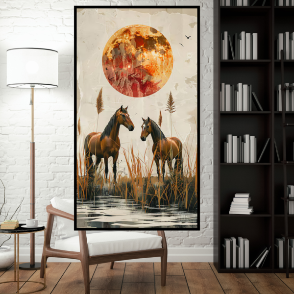 Lunar Horses - Two Brown Horses Under Moonlight Canvas Painting - Image 2