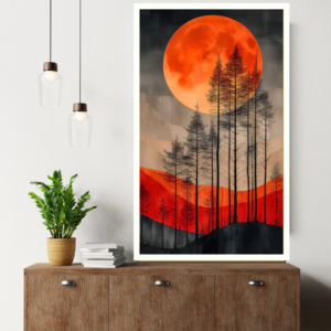 Forest and Scarlet Moon - Silhouetted Trees Under a Crimson Moon Canvas Painting