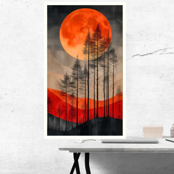 Forest and Scarlet Moon - Silhouetted Trees Under a Crimson Moon Canvas Painting - Image 2