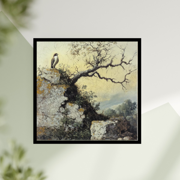 Solitary Falcon - Perched Bird of Prey on Rocky Landscape Canvas Painting - Image 2