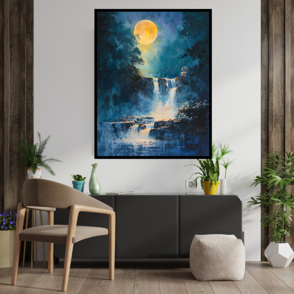 Lunar Serenity - Moonlit Waterfall Canvas Painting - Image 2