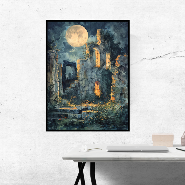 Lunar Illumination - Moonlit Ancient Ruins Canvas Painting - Image 2