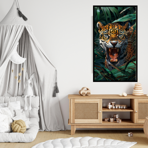 Echo of the Wild - Roaring Jaguar in Lush Jungle Canvas Painting - Image 2
